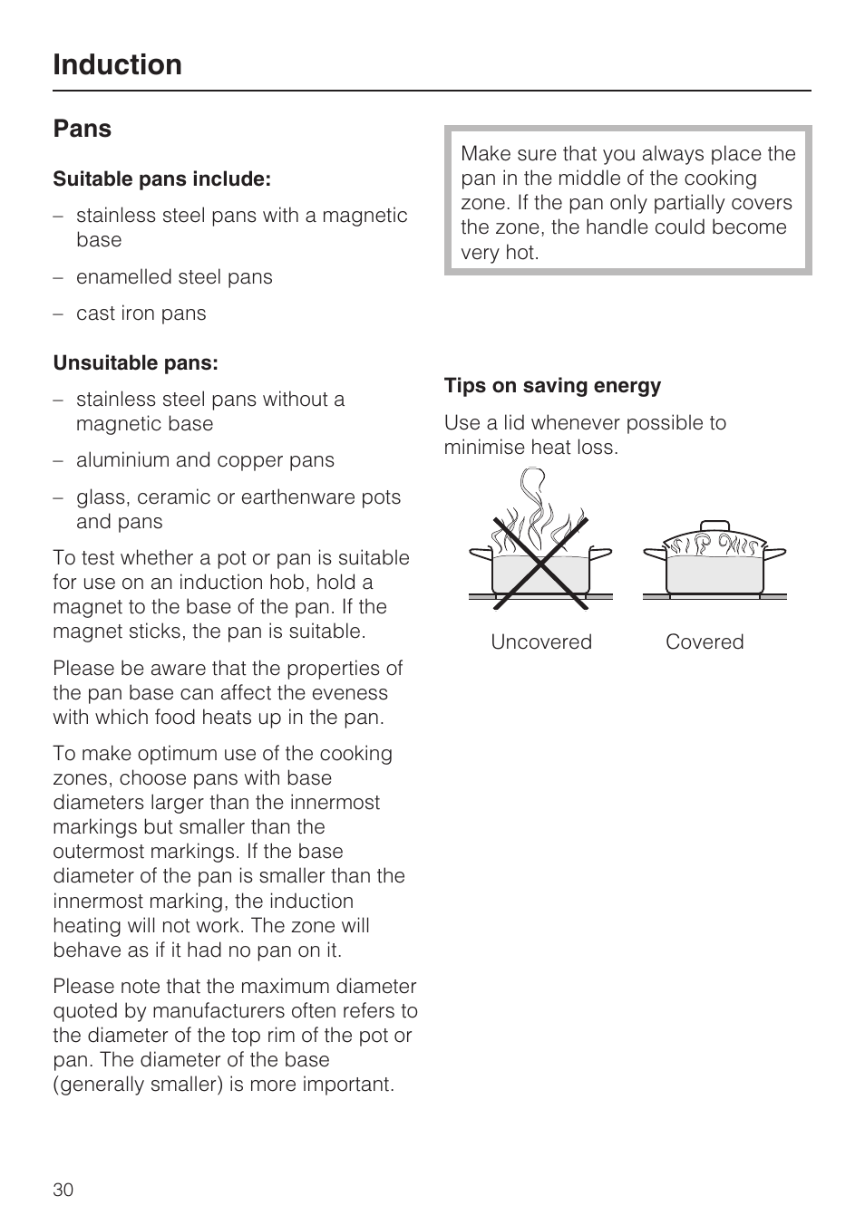 Pans 30, Induction, Pans | Miele KM5958 User Manual | Page 30 / 84