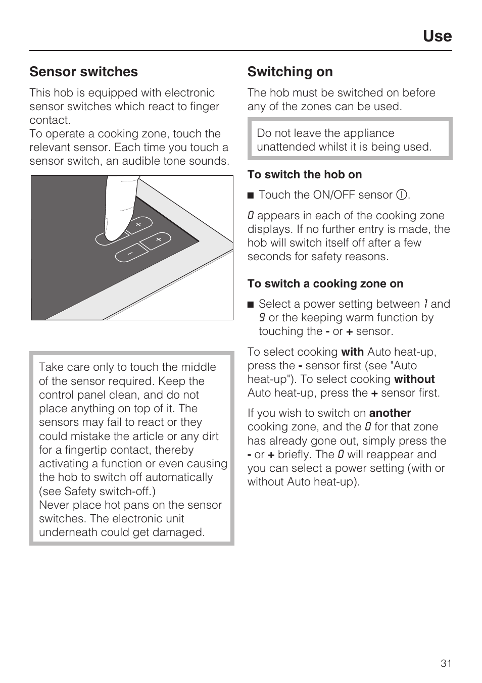 Use 31, Sensor switches 31, Switching on 31 | Sensor switches, Switching on | Miele KM5958 User Manual | Page 31 / 84