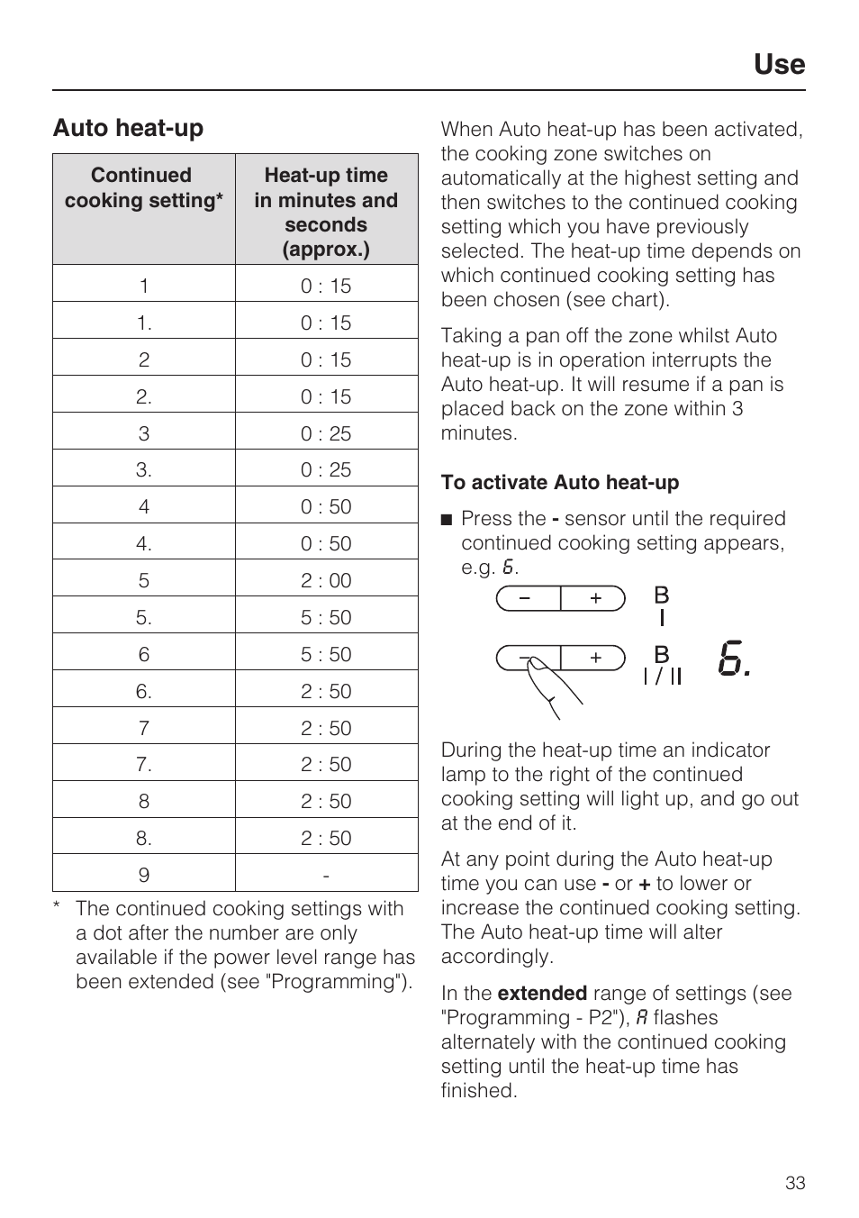 Auto heat-up 33, Auto heat-up | Miele KM5958 User Manual | Page 33 / 84