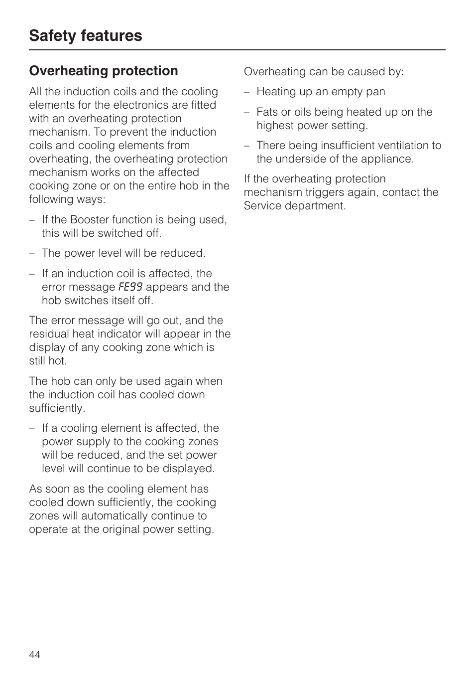 Overheating protection 44, Safety features, Overheating protection | Miele KM5958 User Manual | Page 44 / 84