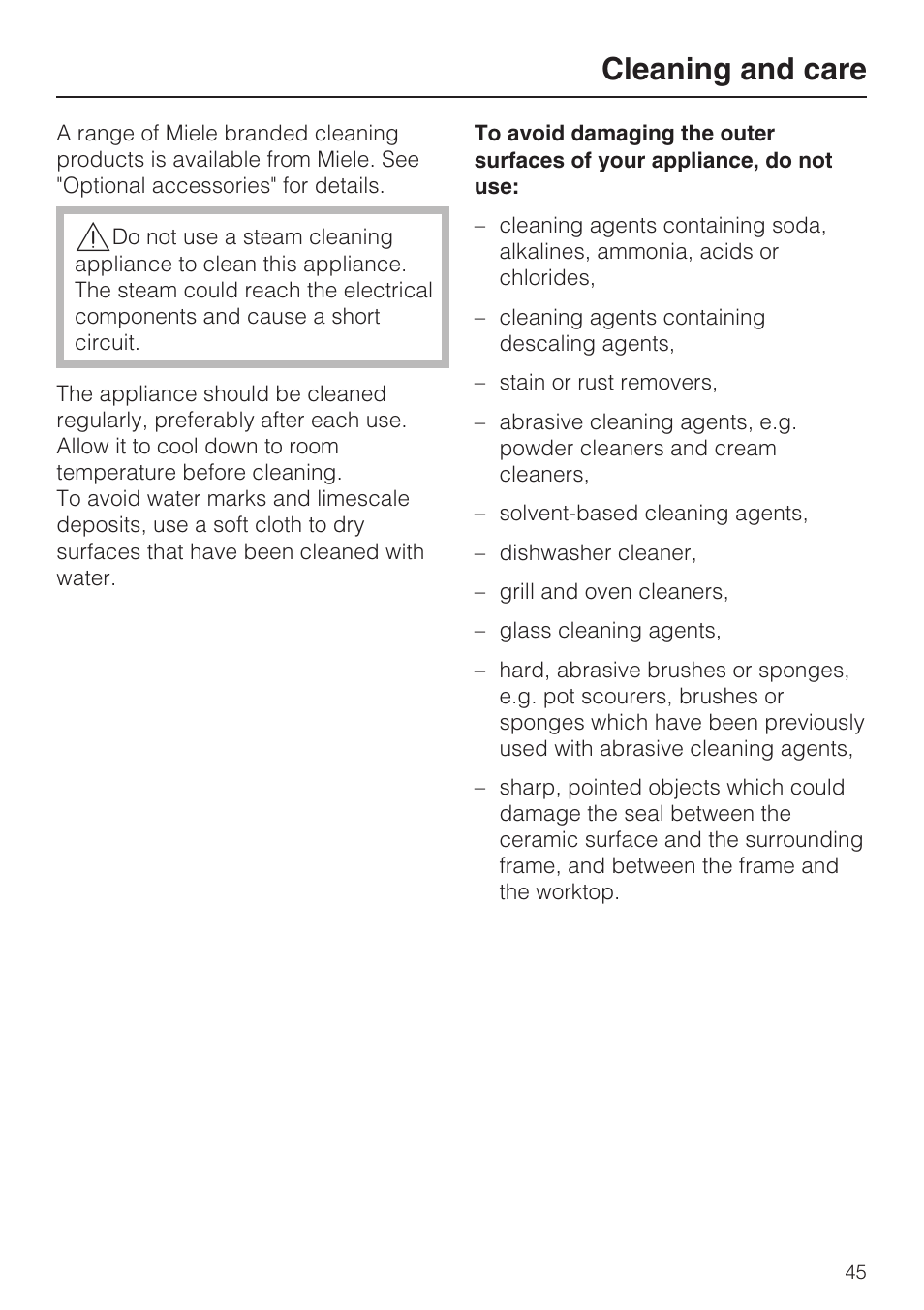 Cleaning and care 45, Cleaning and care | Miele KM5958 User Manual | Page 45 / 84