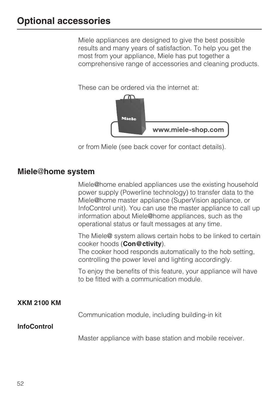 Optional accessories 52, Optional accessories, Miele | home system | Miele KM5958 User Manual | Page 52 / 84