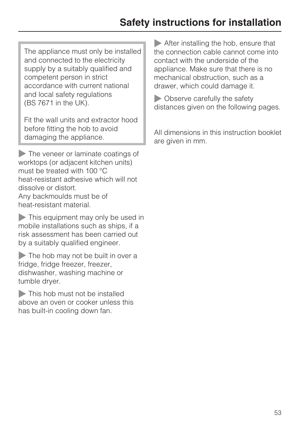 Safety instructions for installation 53, Safety instructions for installation | Miele KM5958 User Manual | Page 53 / 84