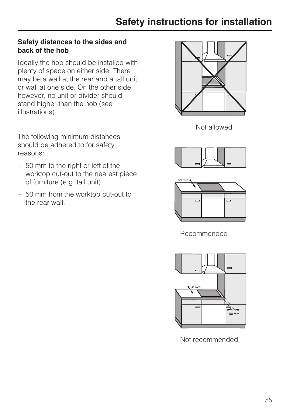 Safety instructions for installation | Miele KM5958 User Manual | Page 55 / 84