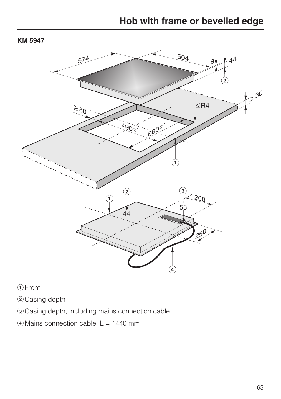 Hob with frame or bevelled edge, Bd a a | Miele KM5958 User Manual | Page 63 / 84