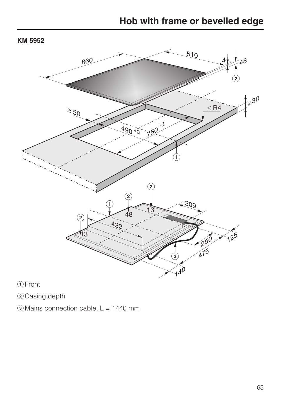 Hob with frame or bevelled edge | Miele KM5958 User Manual | Page 65 / 84