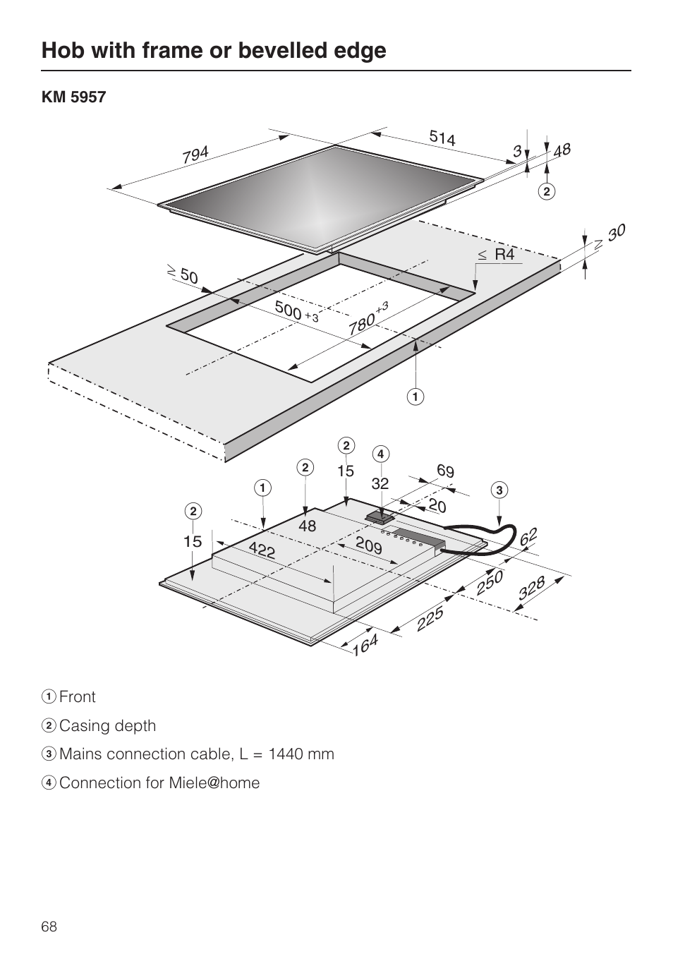 Hob with frame or bevelled edge | Miele KM5958 User Manual | Page 68 / 84