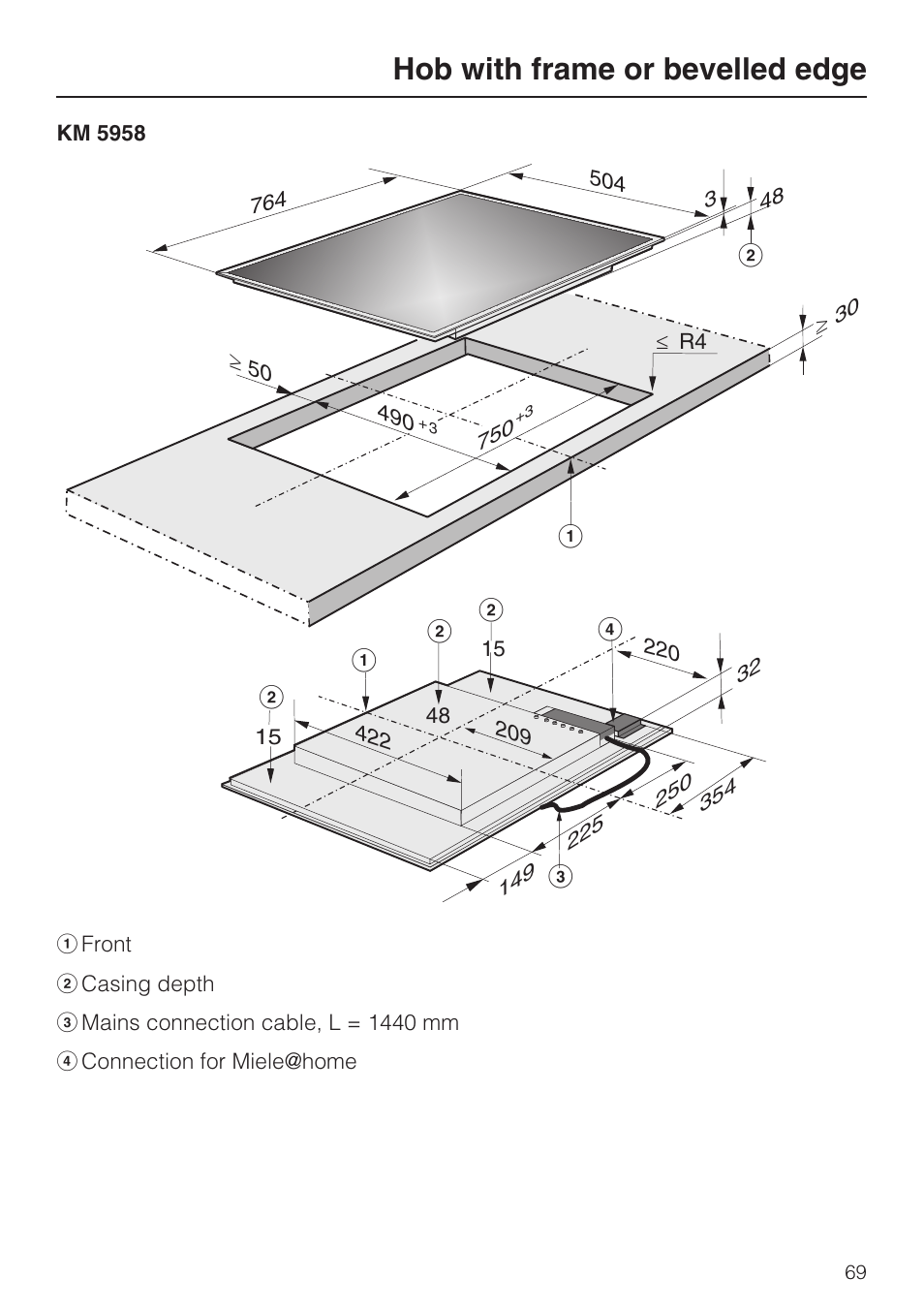 Hob with frame or bevelled edge | Miele KM5958 User Manual | Page 69 / 84