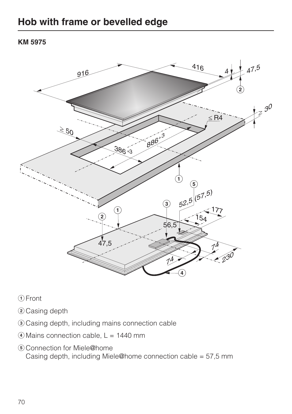 Hob with frame or bevelled edge | Miele KM5958 User Manual | Page 70 / 84