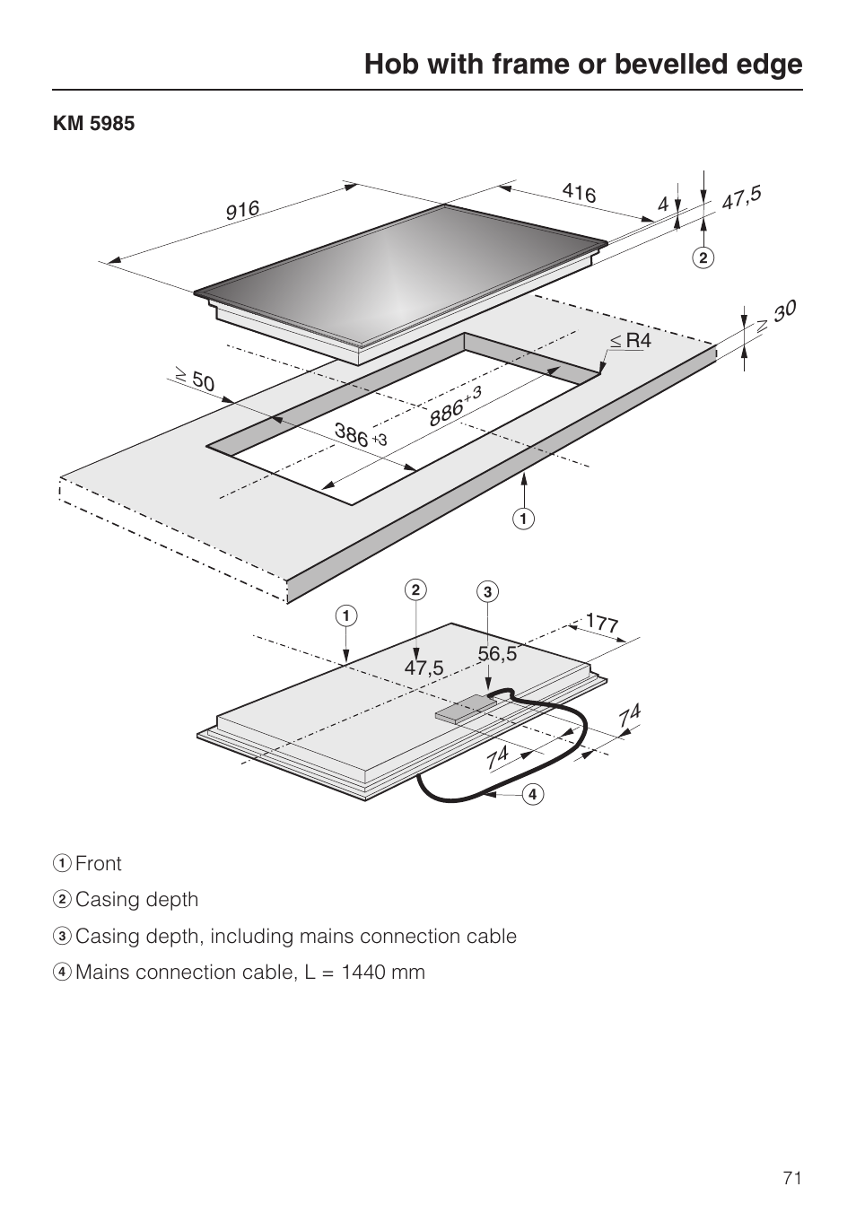 Hob with frame or bevelled edge | Miele KM5958 User Manual | Page 71 / 84