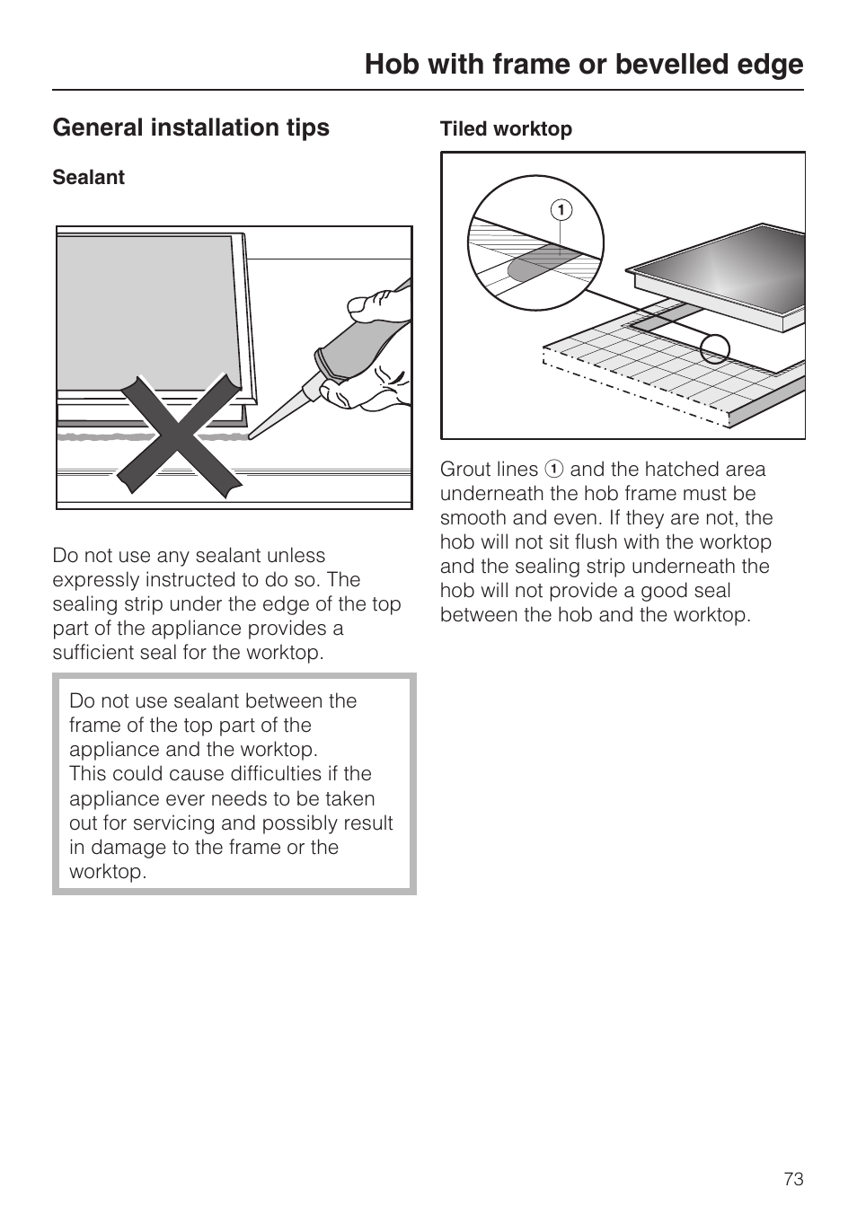 General installation tips 73, Hob with frame or bevelled edge, General installation tips | Miele KM5958 User Manual | Page 73 / 84
