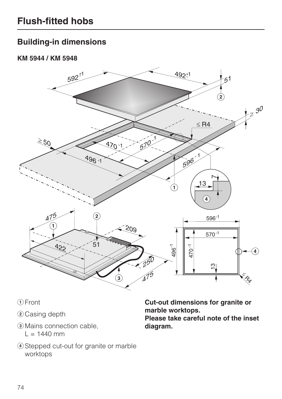 Flush-fitted hobs 74, Building-in dimensions 74, Flush-fitted hobs | Building-in dimensions, Da b | Miele KM5958 User Manual | Page 74 / 84