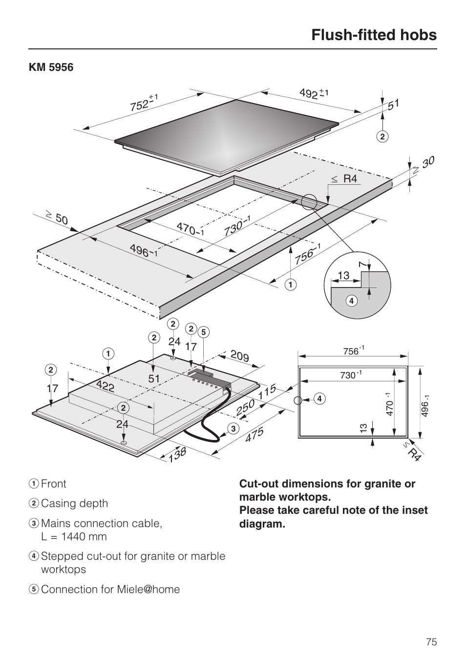 Flush-fitted hobs | Miele KM5958 User Manual | Page 75 / 84