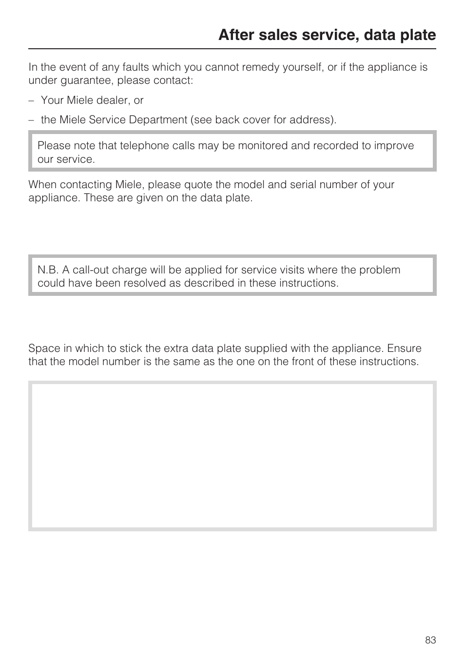 After sales service, data plate 83, After sales service, data plate | Miele KM5958 User Manual | Page 83 / 84