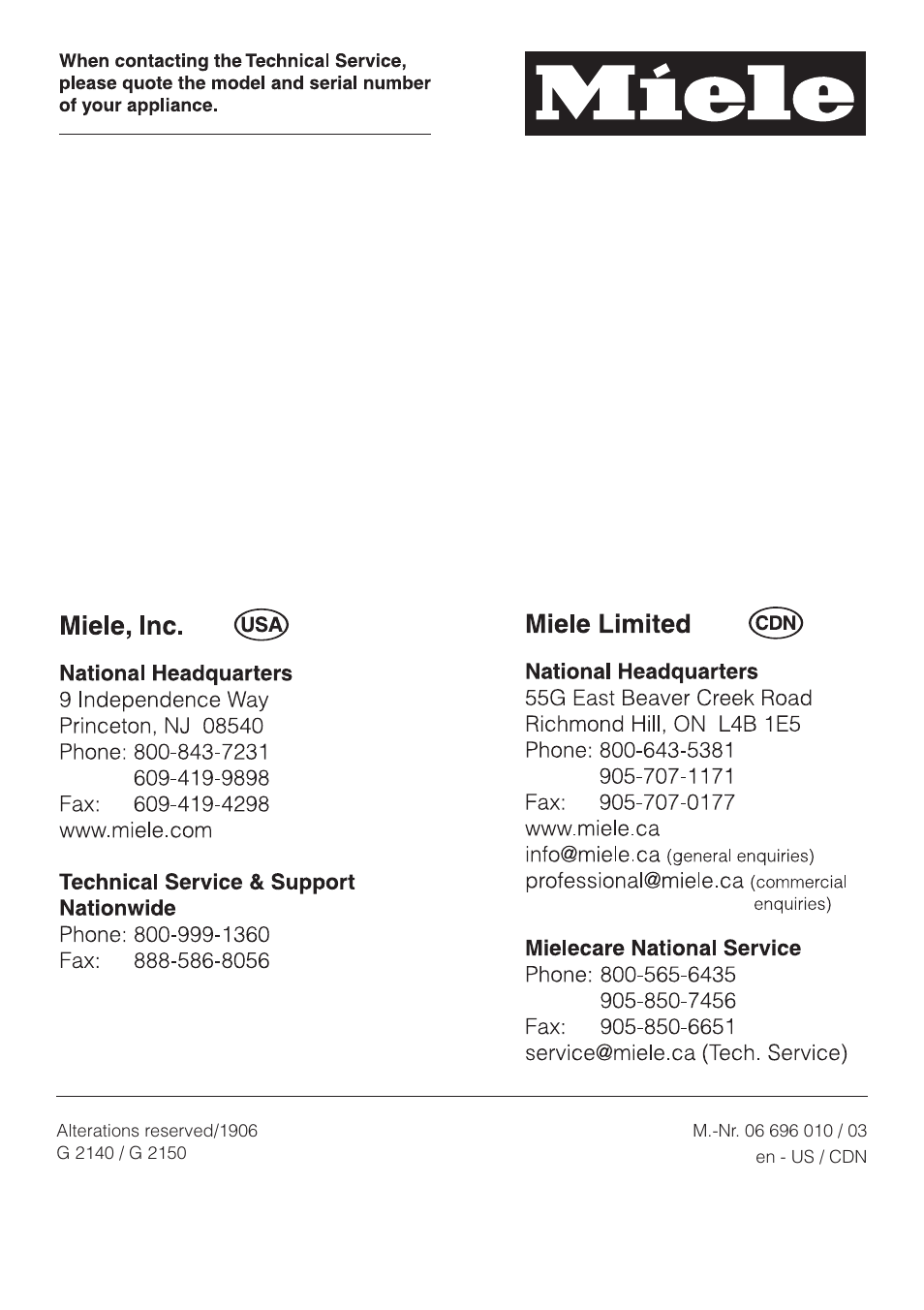 Miele INSPIRA SERIES G 2150 User Manual | Page 52 / 52
