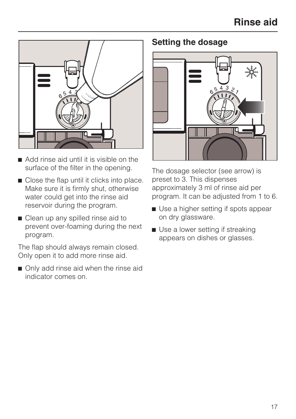 Setting the dosage 17, Rinse aid, Setting the dosage | Miele G 7856 User Manual | Page 17 / 56