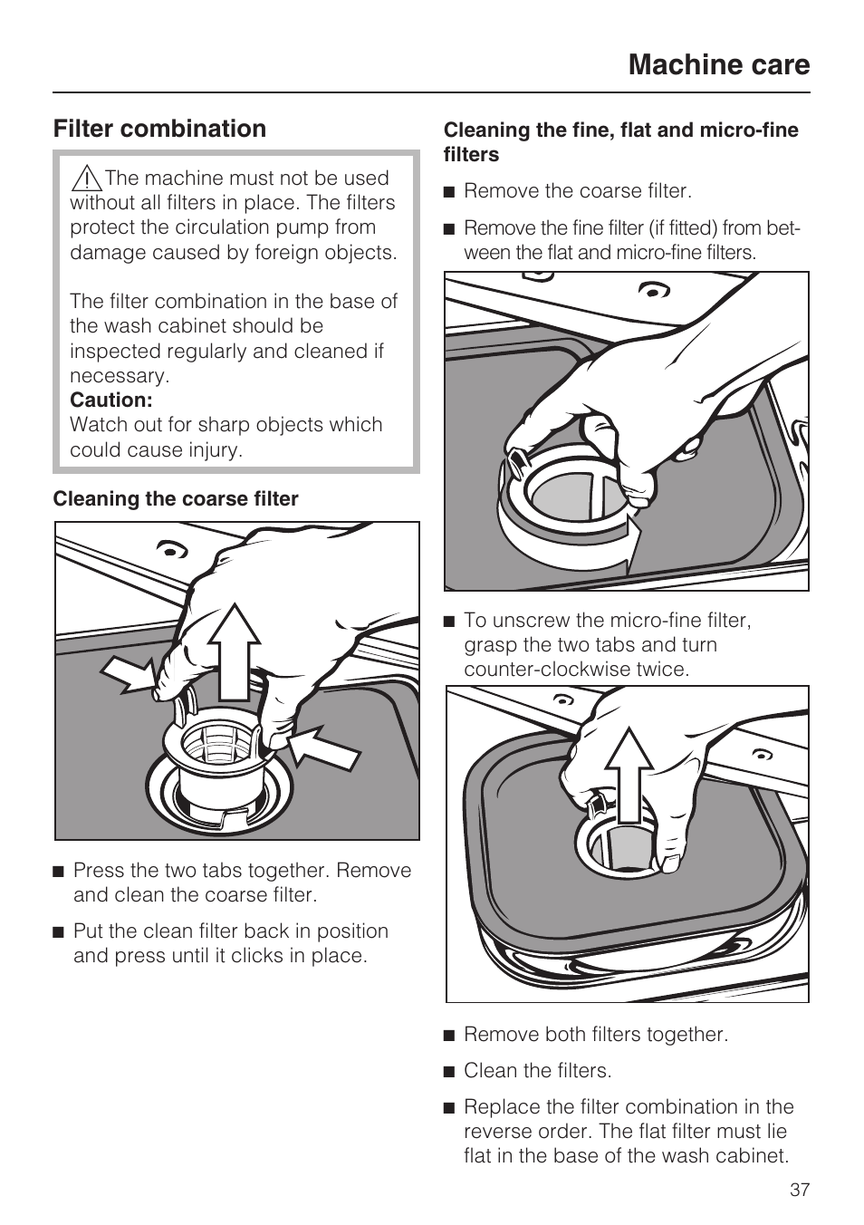 Machine care 37, Machine care, Filter combination | Miele G 7856 User Manual | Page 37 / 56