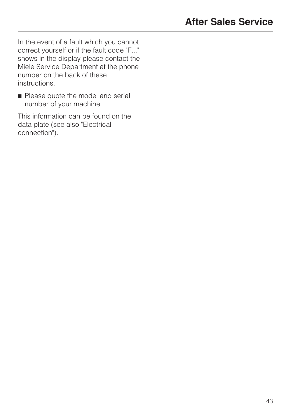 After sales service 43, After sales service | Miele G 7856 User Manual | Page 43 / 56