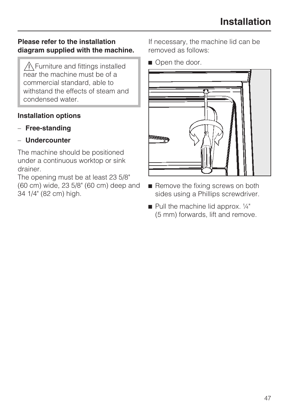 Installation 47, Installation | Miele G 7856 User Manual | Page 47 / 56