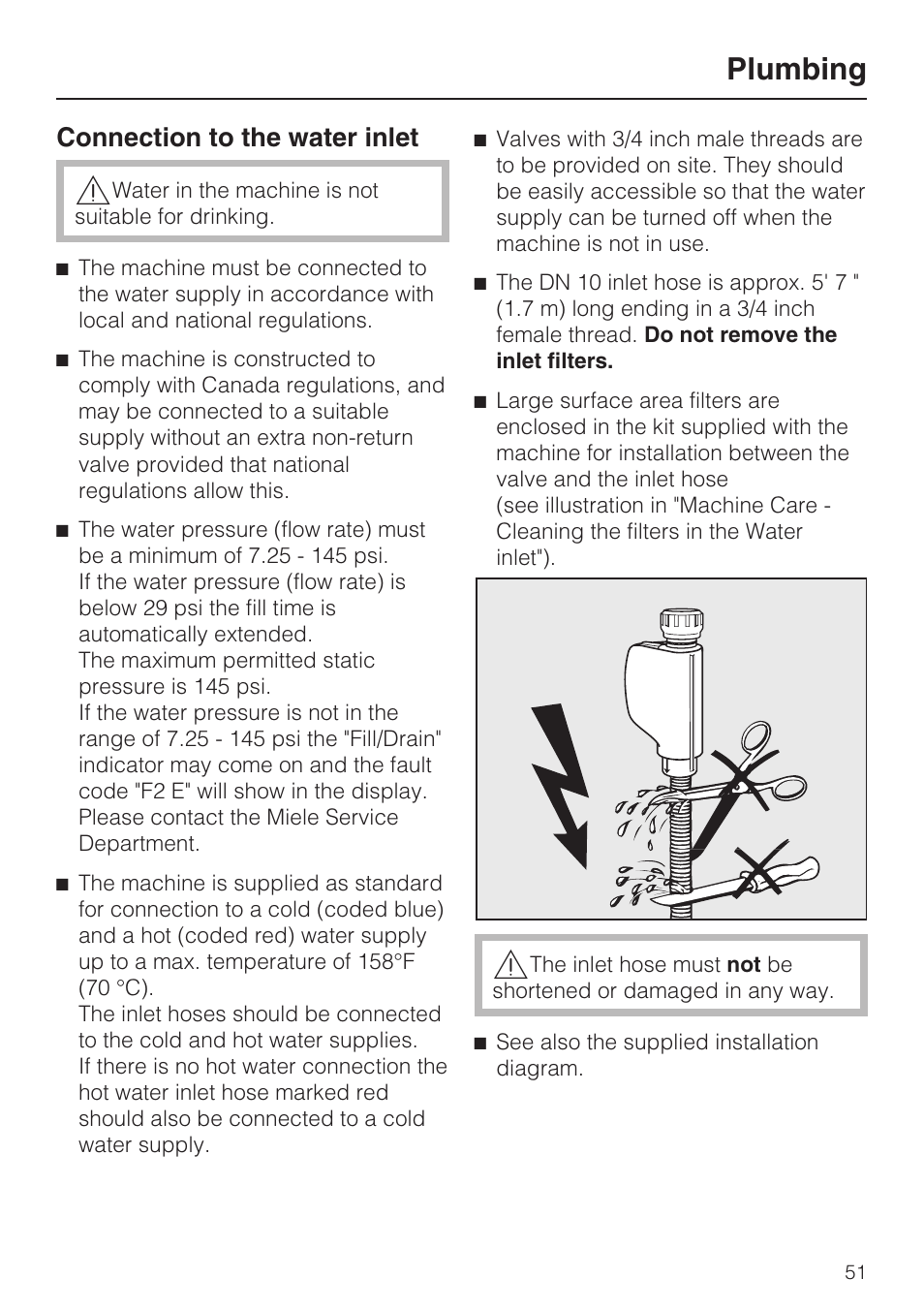 Plumbing 51, Plumbing, Connection to the water inlet | Miele G 7856 User Manual | Page 51 / 56