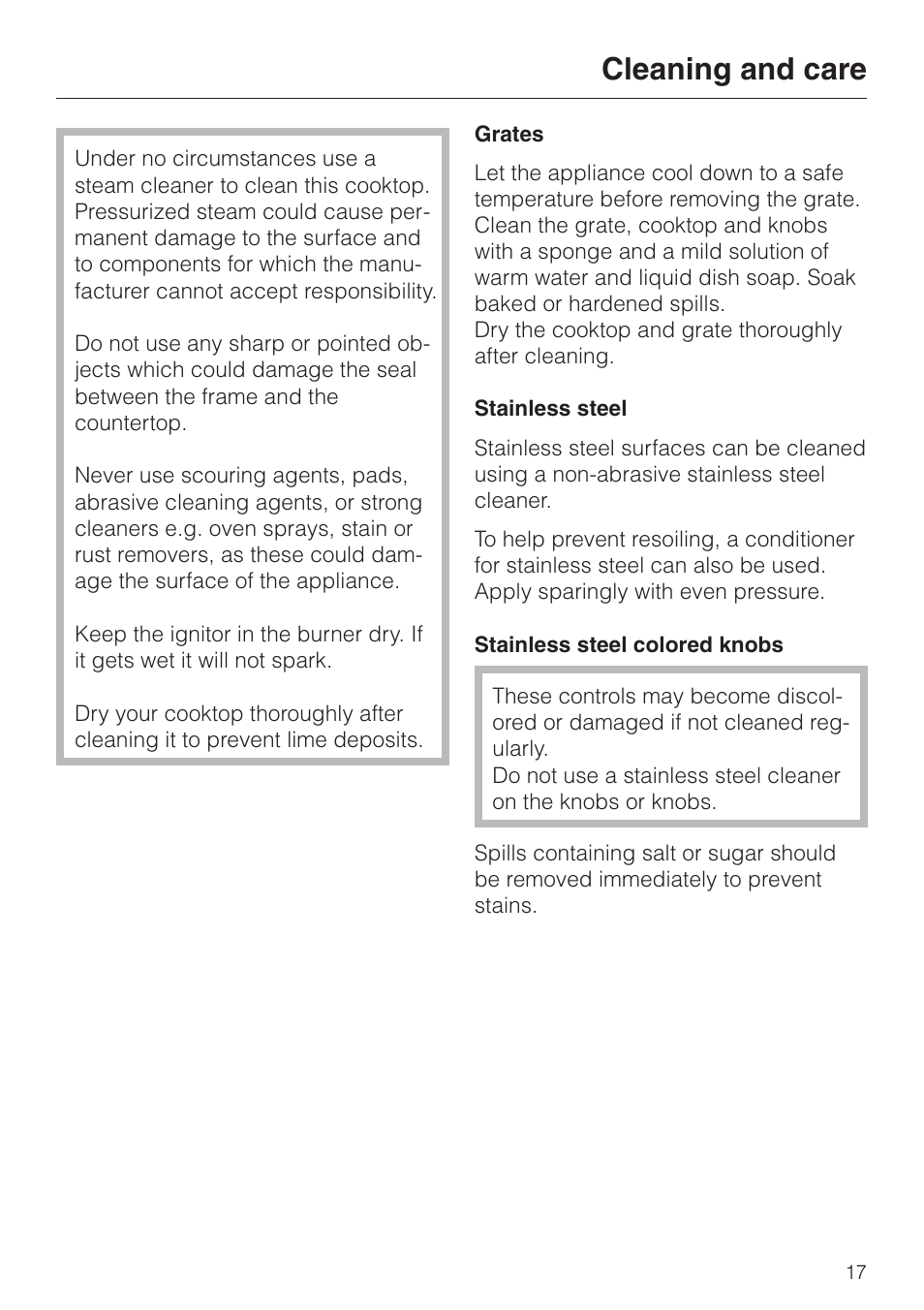 Cleaning and care 17, Cleaning and care | Miele KM 344 KM 342 User Manual | Page 17 / 24