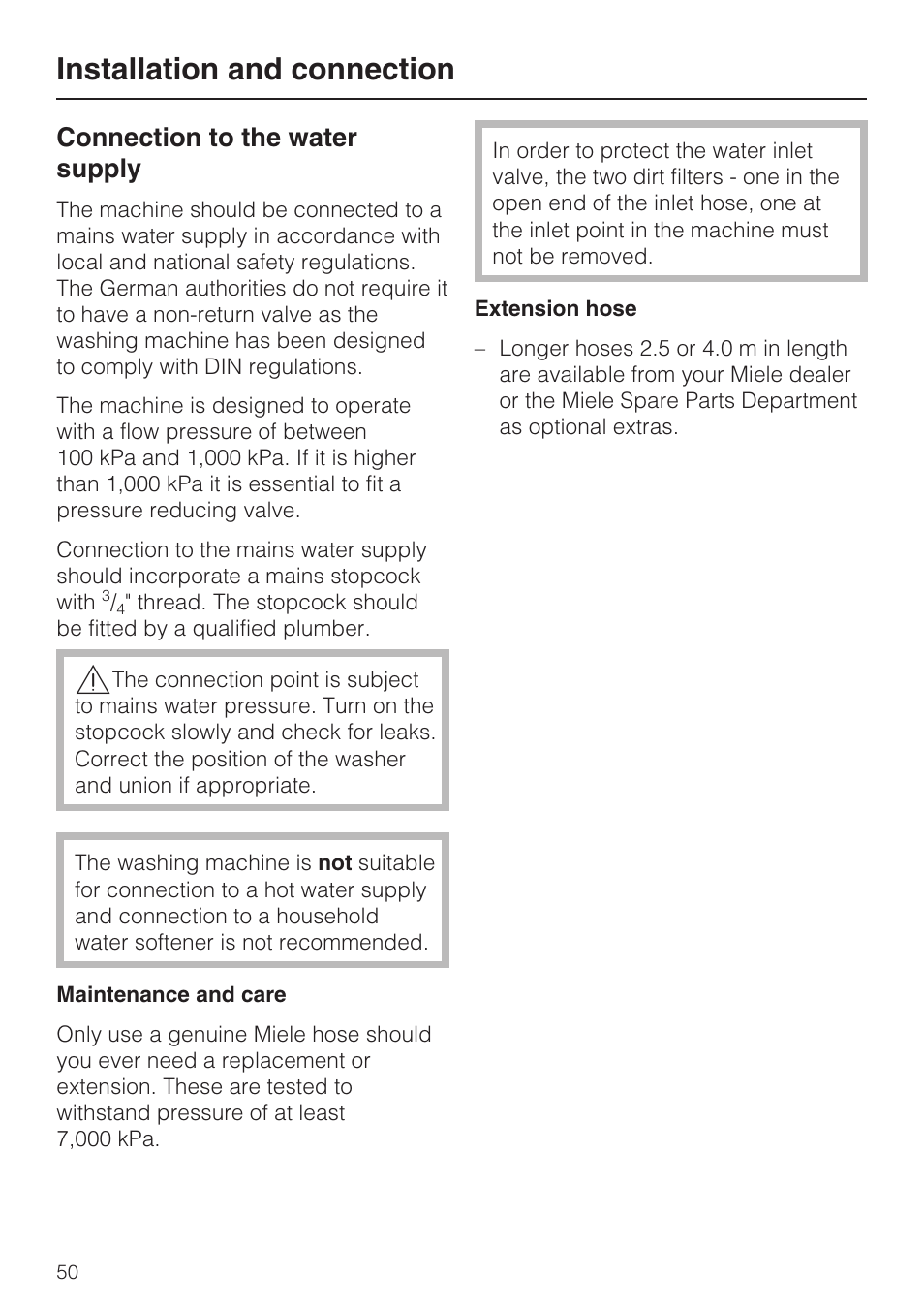 Connection to the water supply 50, Installation and connection, Connection to the water supply | Miele W 3748 User Manual | Page 50 / 64
