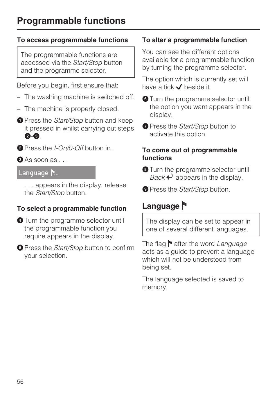 Programmable functions 56, To access programmable functions 56, To select a programmable function 56 | To alter a programmable function 56, To come out of programmable functions 56, Language f 56, Programmable functions, Language | Miele W 3748 User Manual | Page 56 / 64