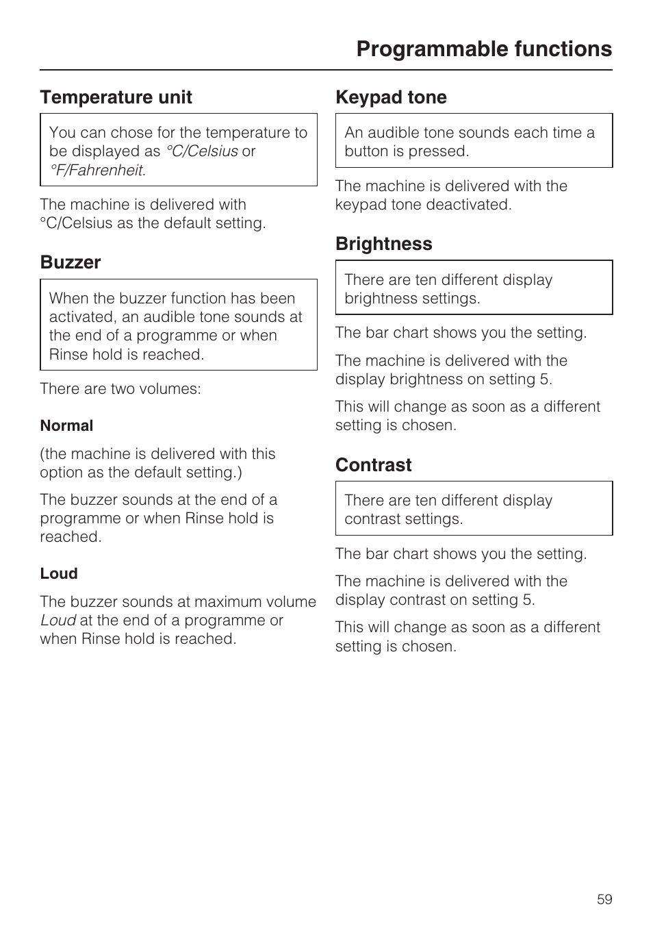 Temperature unit 59, Buzzer 59, Keypad tone 59 | Brightness 59, Contrast 59, Programmable functions, Temperature unit, Buzzer, Keypad tone, Brightness | Miele W 3748 User Manual | Page 59 / 64