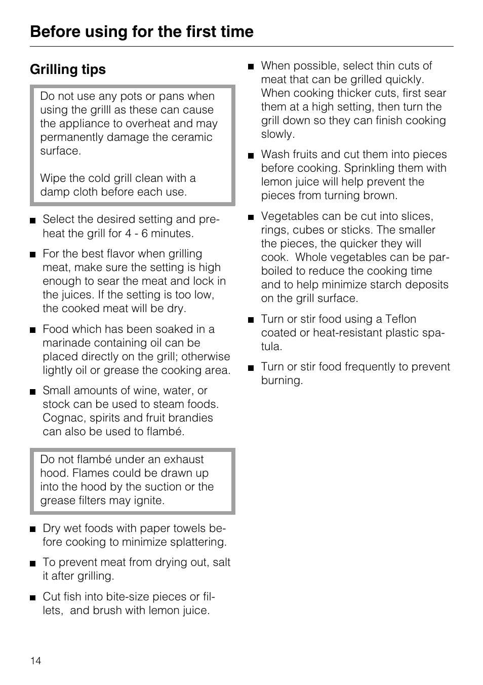 Grilling tips 14, Cleaning and care 15, Grilling tips | Before using for the first time | Miele KM 408-1 User Manual | Page 14 / 20