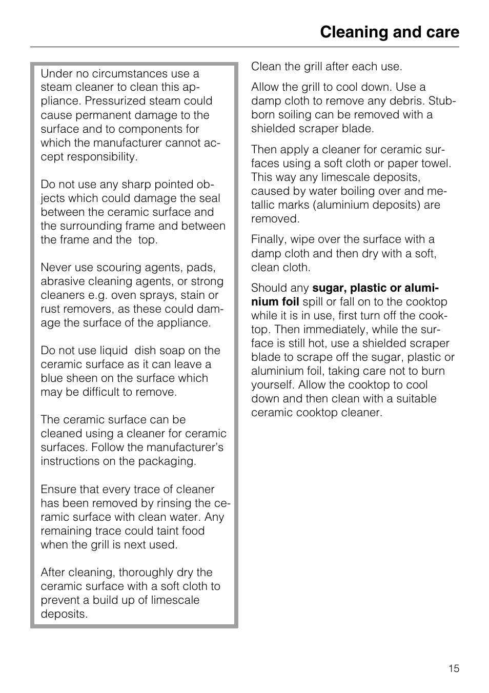 Cleaning and care 15, Problem solving guide 16, Cleaning and care | Miele KM 408-1 User Manual | Page 15 / 20