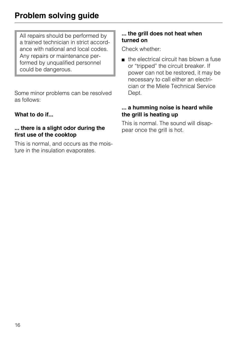Problem solving guide 16, Electrical connection 17, Problem solving guide | Miele KM 408-1 User Manual | Page 16 / 20