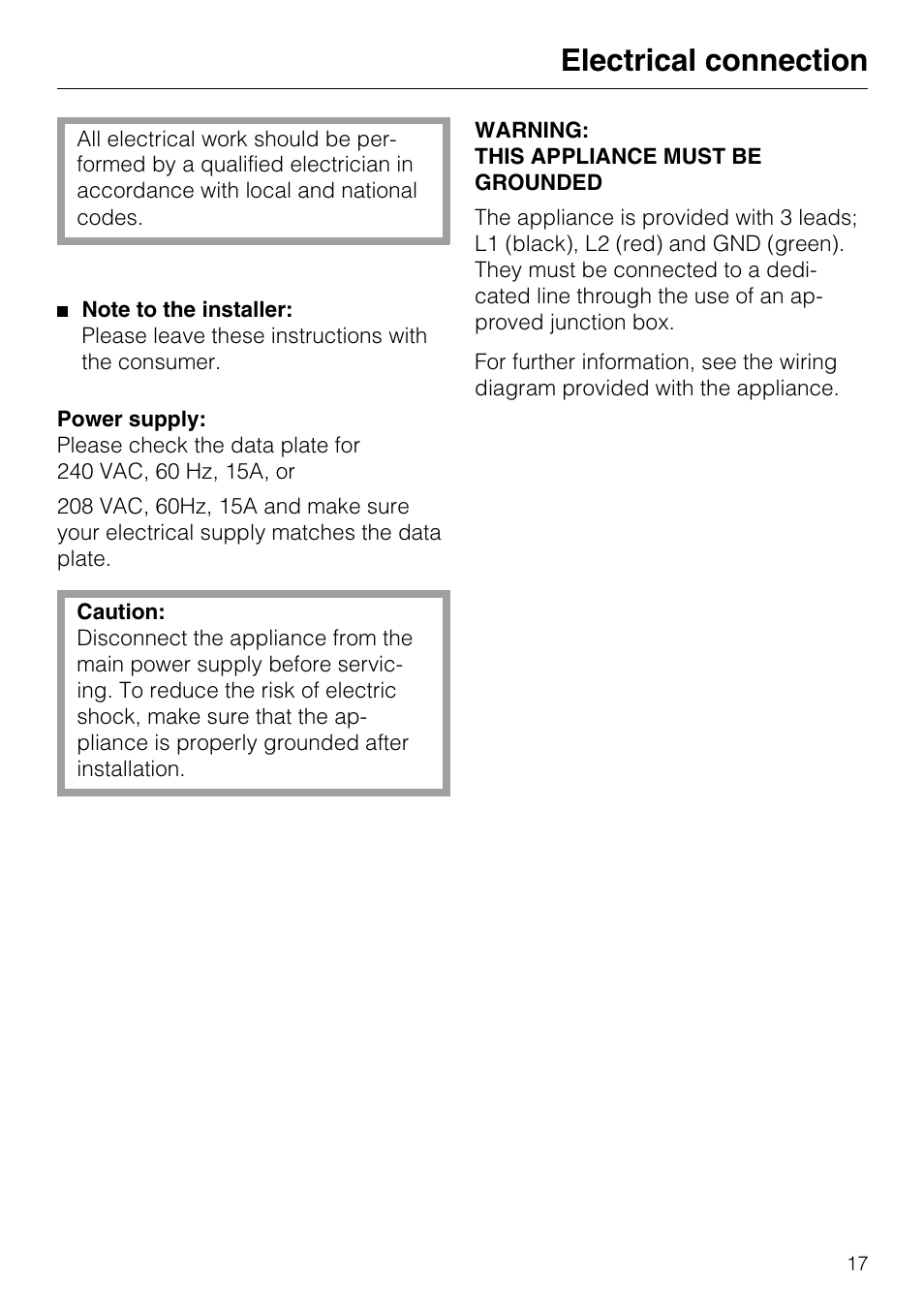 Electrical connection 17, Data plate 18, Electrical connection | Miele KM 408-1 User Manual | Page 17 / 20