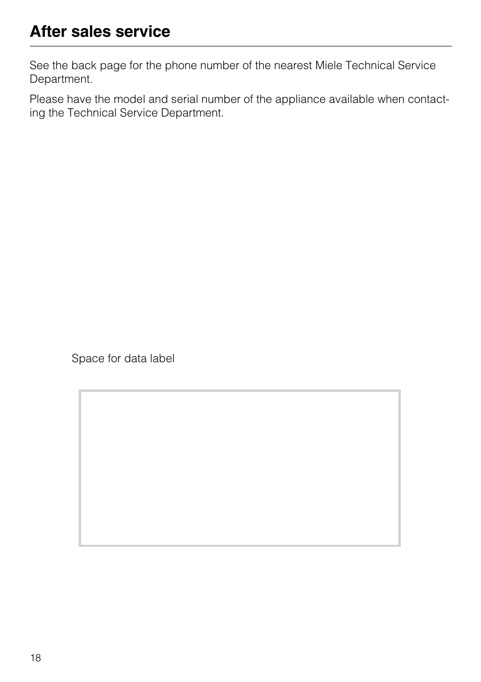 Data plate 18, Data plate, After sales service | Miele KM 408-1 User Manual | Page 18 / 20