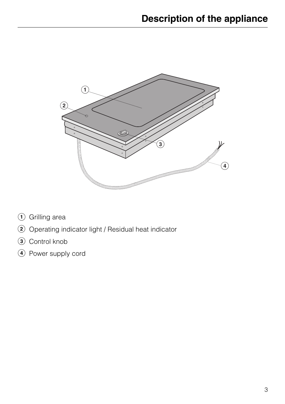 Description of the appliance 3, Warning and safety instructions 4, Description of the appliance | Bc d e | Miele KM 408-1 User Manual | Page 3 / 20
