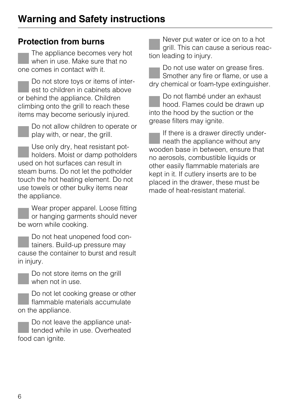 Warning and safety instructions, Protection from burns | Miele KM 408-1 User Manual | Page 6 / 20