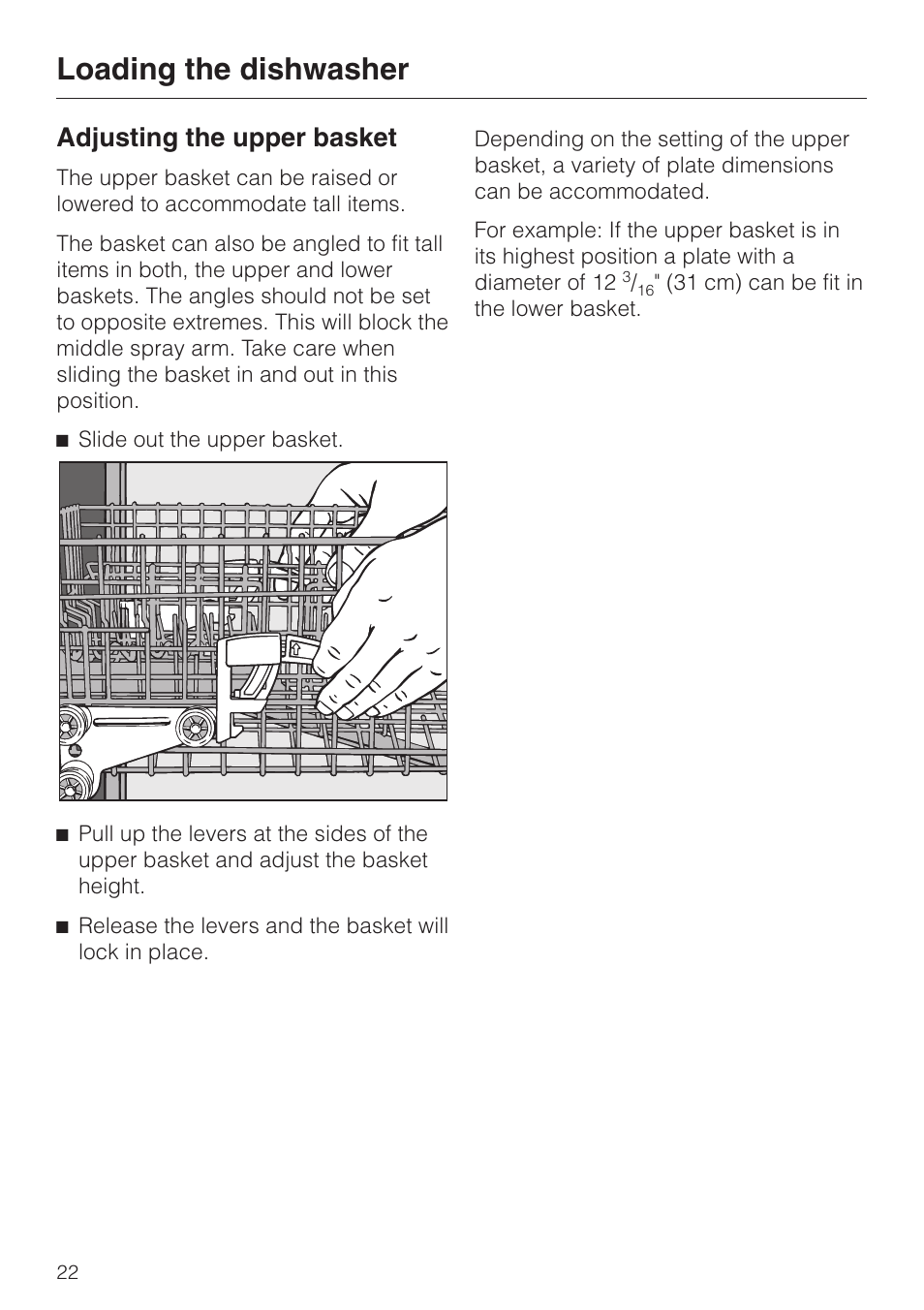 Adjusting the upper basket 22, Loading the dishwasher, Adjusting the upper basket | Miele OPTIMA SERIES G 2420 User Manual | Page 22 / 60
