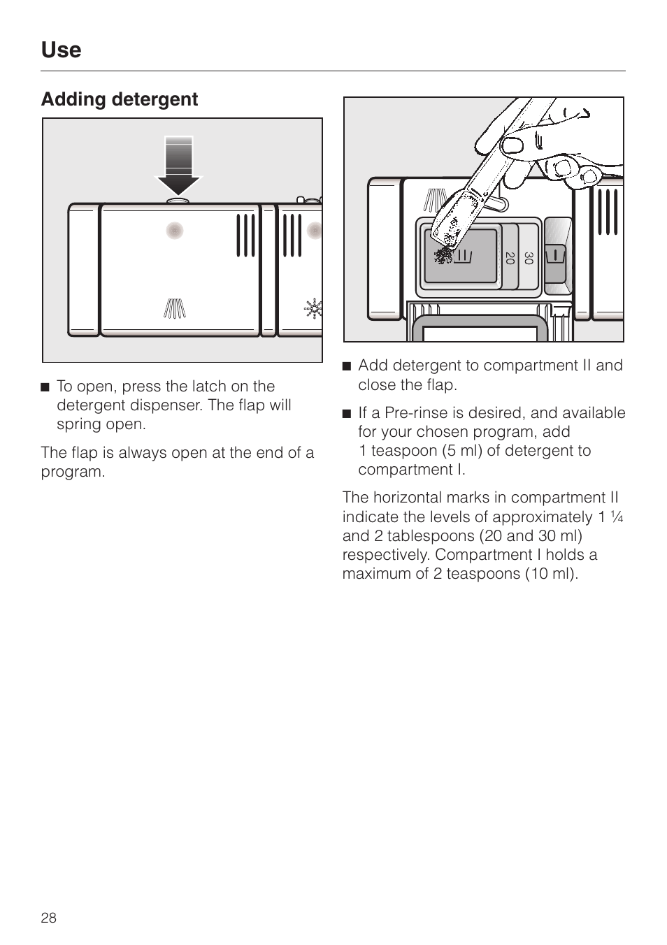 Adding detergent 28, Adding detergent | Miele OPTIMA SERIES G 2420 User Manual | Page 28 / 60