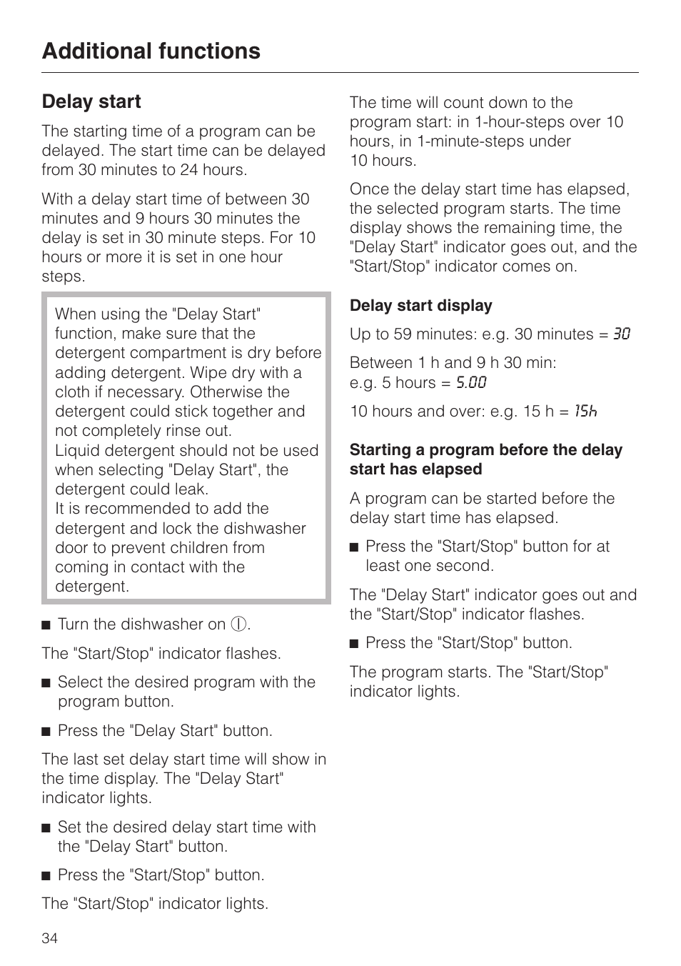 Delay start 34, Additional functions, Delay start | Miele OPTIMA SERIES G 2420 User Manual | Page 34 / 60