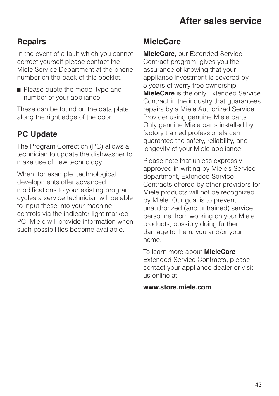 After sales service 43, After sales service, Repairs | Pc update, Mielecare | Miele OPTIMA SERIES G 2420 User Manual | Page 43 / 60