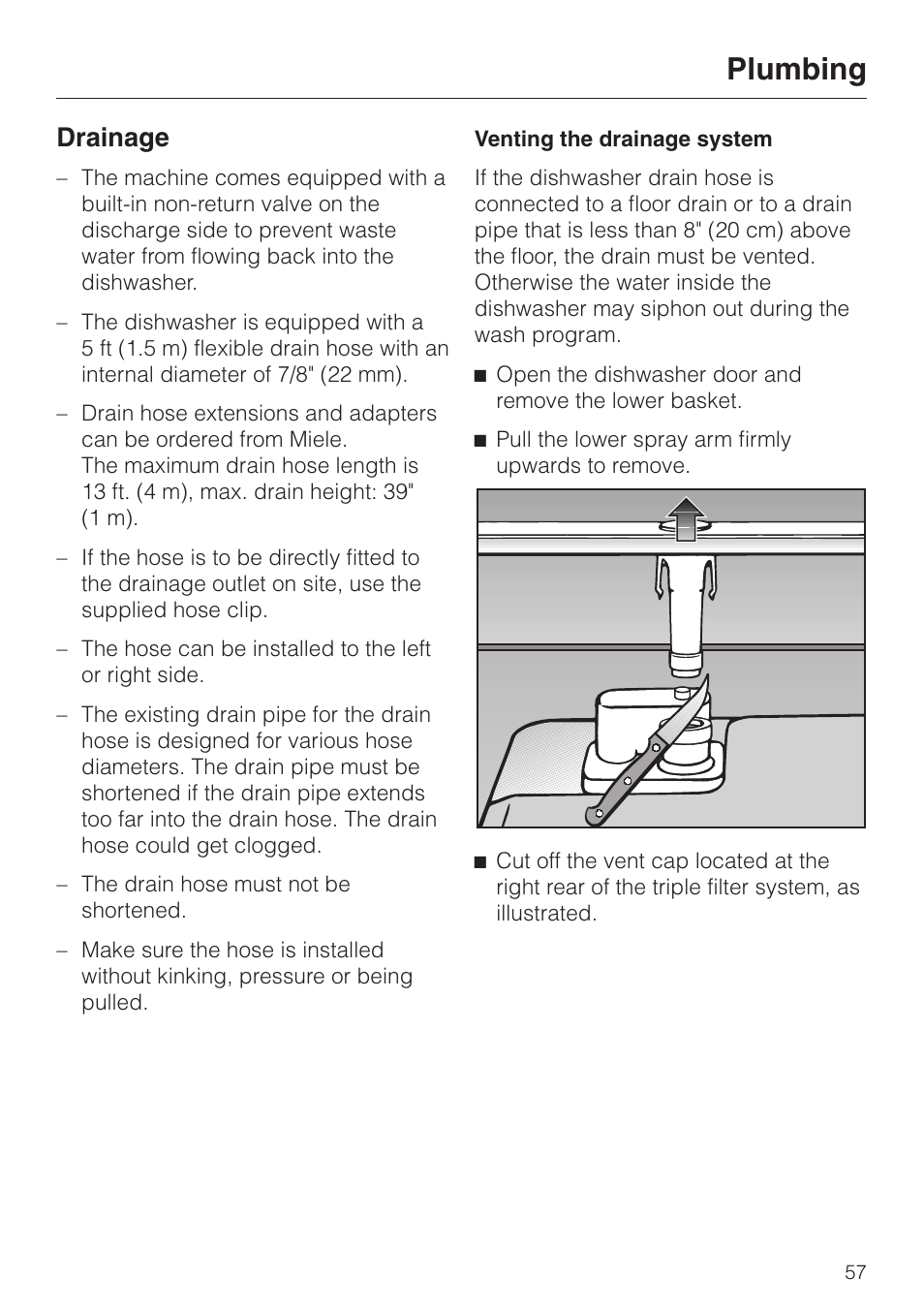 Drainage 57, Plumbing, Drainage | Miele OPTIMA SERIES G 2420 User Manual | Page 57 / 60