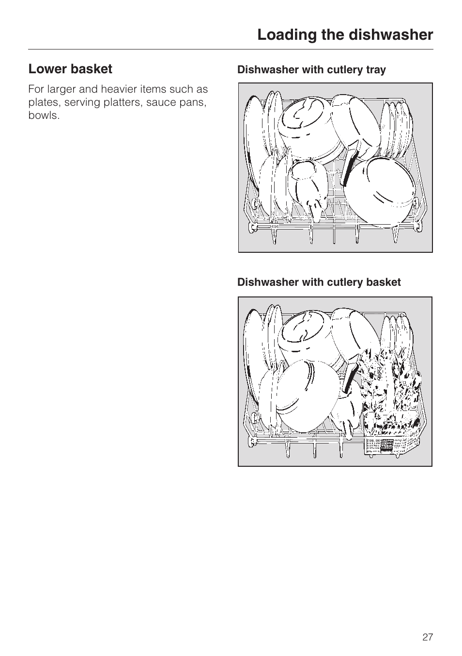 Lower basket 27, Lower basket, Loading the dishwasher | Miele NOVOTRONIC G 841 SC PLUS User Manual | Page 27 / 48