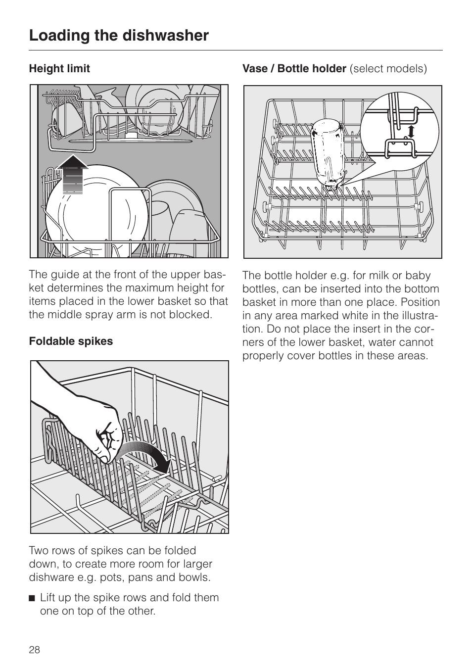 Foldable spikes 28, Vase / bottle holder (select models) 28, Loading the dishwasher | Miele NOVOTRONIC G 841 SC PLUS User Manual | Page 28 / 48