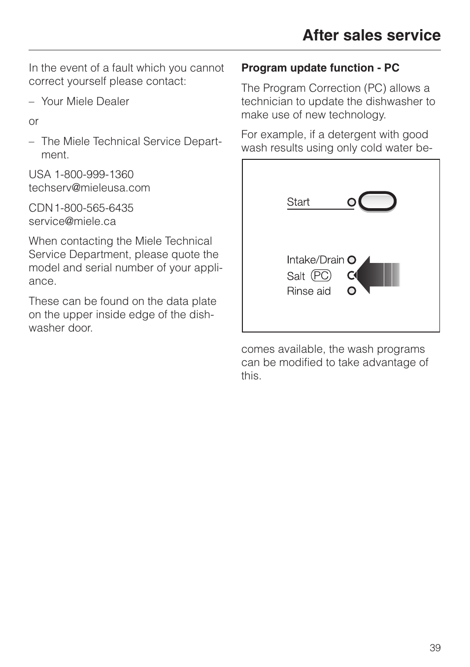 After sales service 39, After sales service | Miele NOVOTRONIC G 841 SC PLUS User Manual | Page 39 / 48