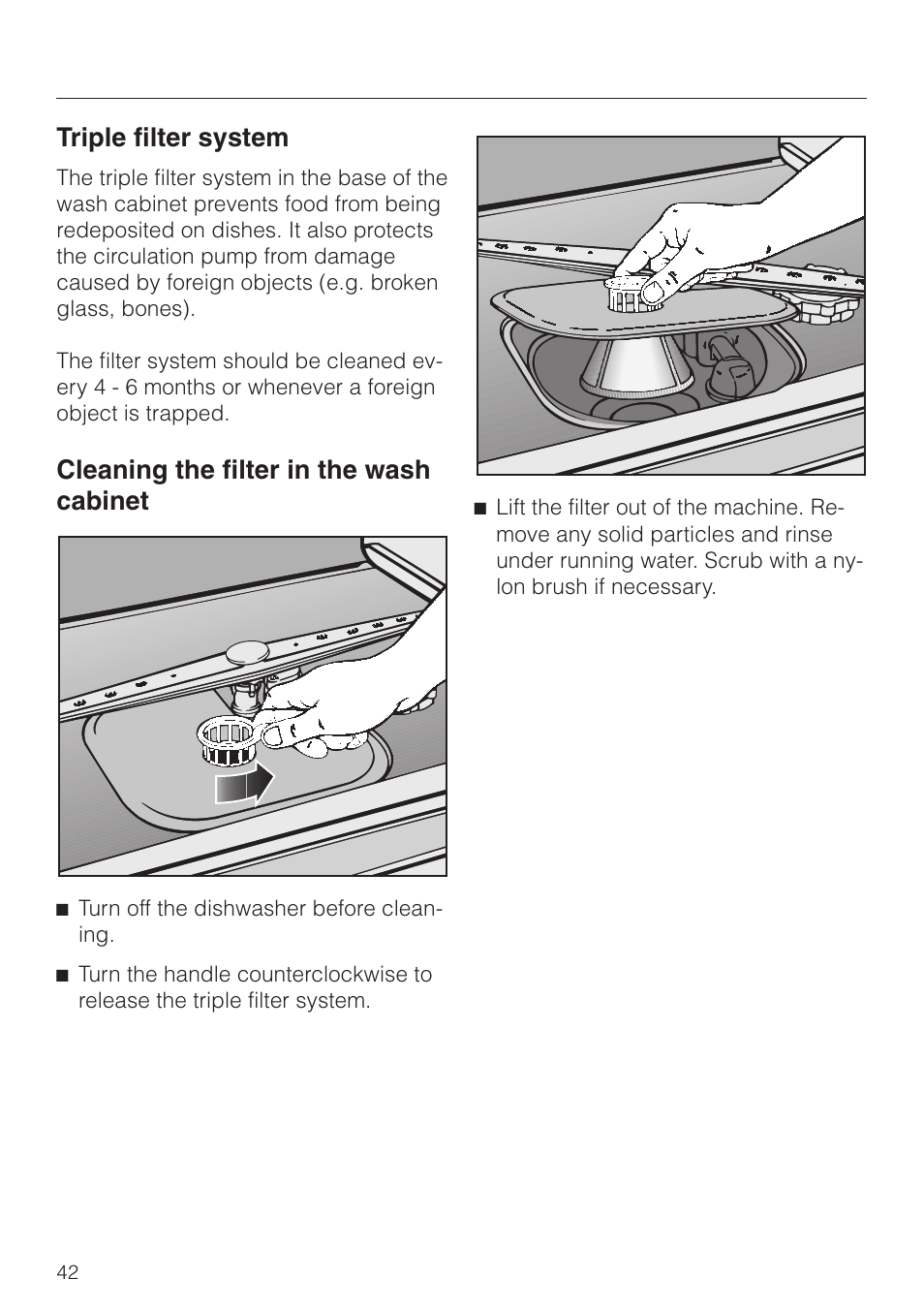 Cleaning the filter in the wash cabinet 42, Cleaning the filter in the wash cabinet, Triple filter system | Miele NOVOTRONIC G 841 SC PLUS User Manual | Page 42 / 48