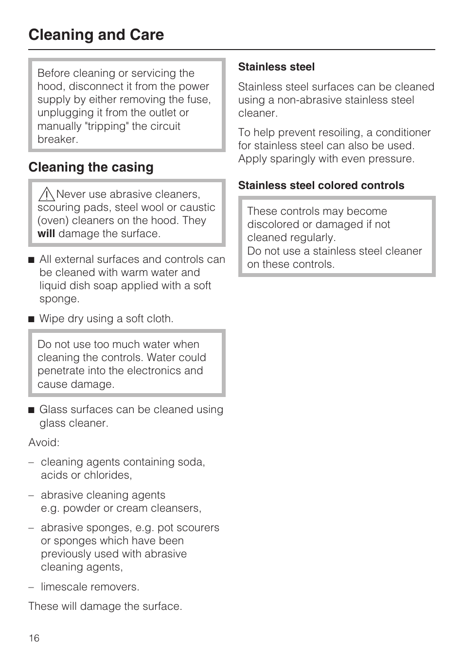 Cleaning and care 16, Cleaning the casing 16, Cleaning and care | Cleaning the casing | Miele DA259-4 User Manual | Page 16 / 36
