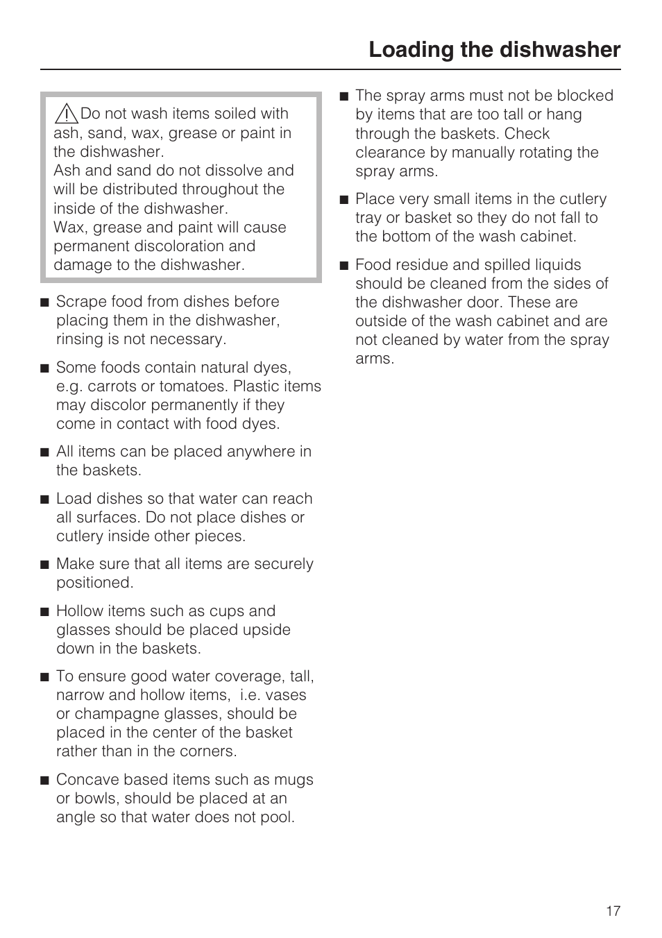 Loading the dishwasher 17, Loading the dishwasher | Miele G 4500 User Manual | Page 17 / 56