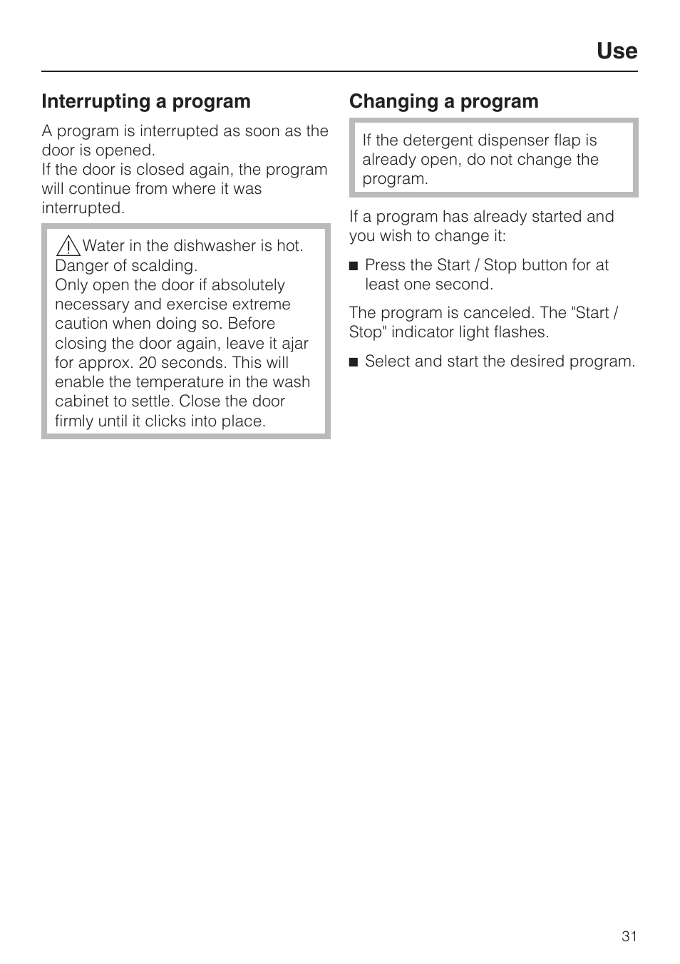 Interrupting a program 31, Changing a program 31 | Miele G 4500 User Manual | Page 31 / 56