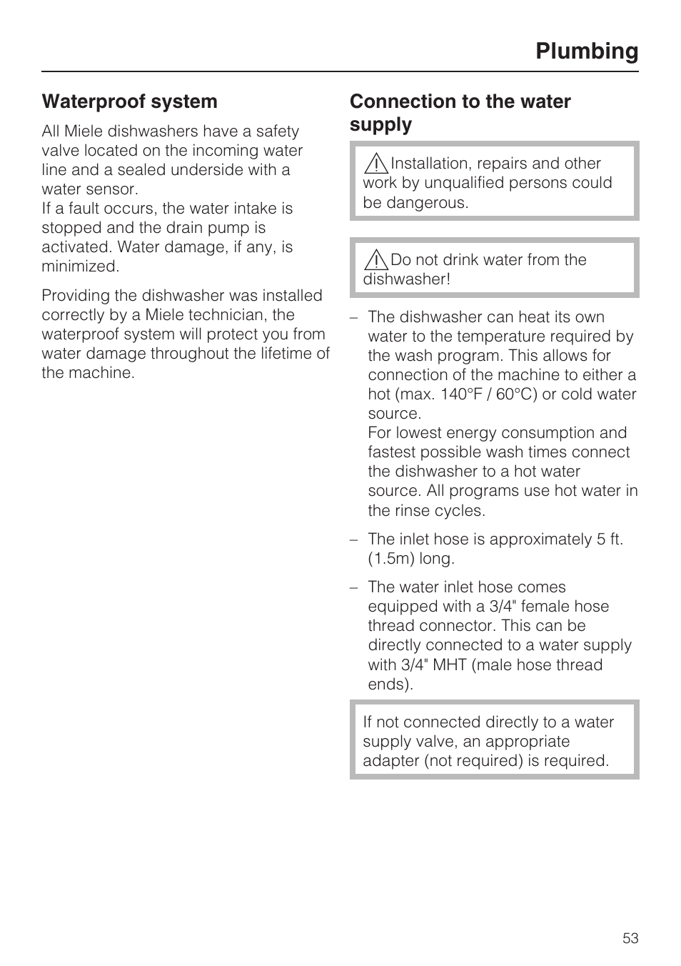 Plumbing 53, Waterproof system 53, Connection to the water supply 53 | Plumbing | Miele G 4500 User Manual | Page 53 / 56