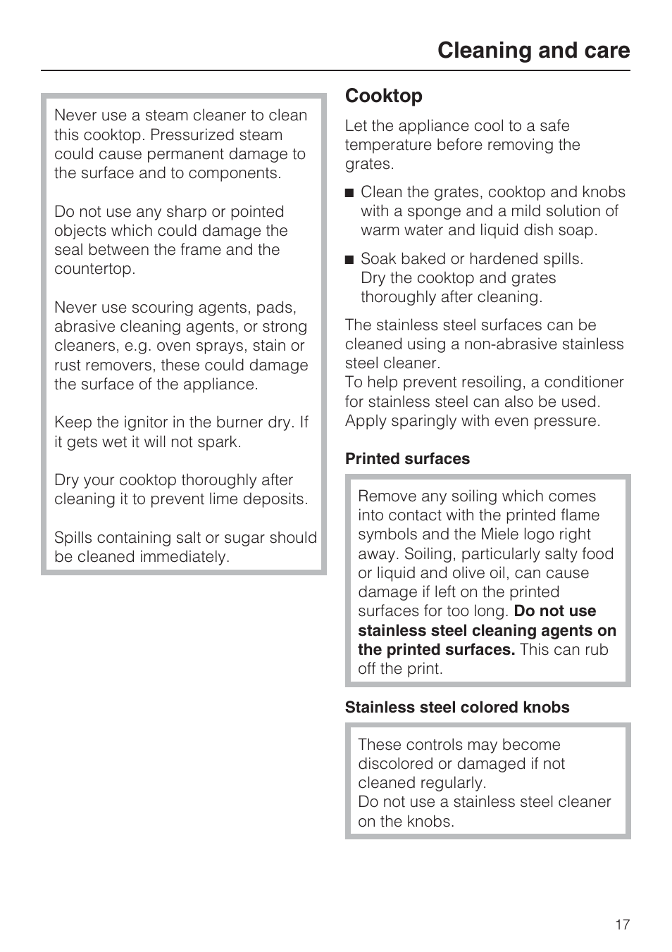 Cleaning and care 17, Cleaning and care, Cooktop | Miele KM 3464 User Manual | Page 17 / 40