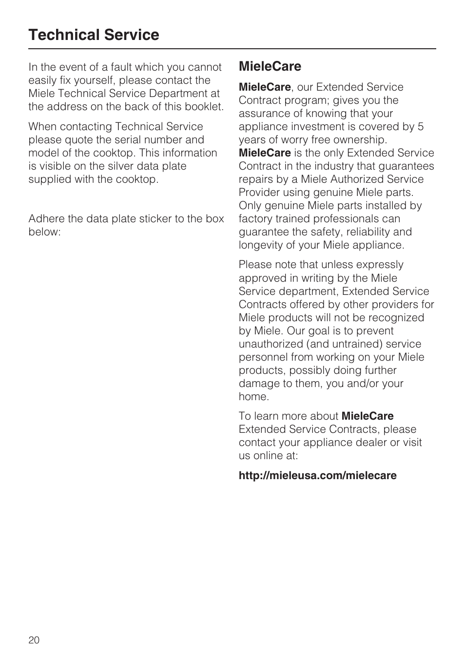 Technical service 20, Technical service, Mielecare | Miele KM 3464 User Manual | Page 20 / 40